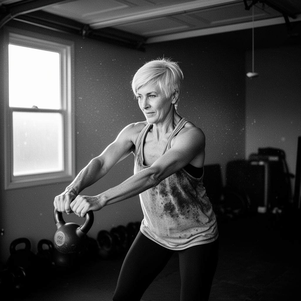Older woman doing a kettlebell swing in a garage gym